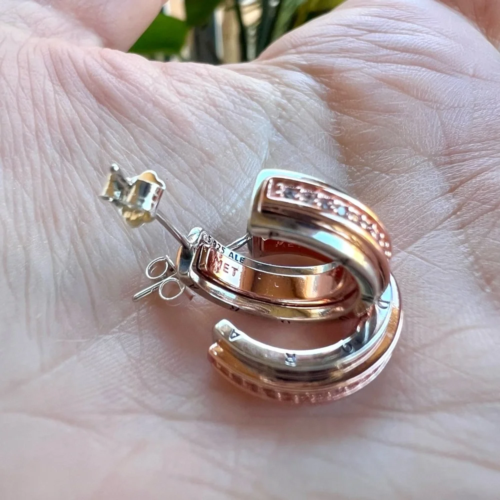 Pandora Logo Two tone & Pavé Hoop Earrings - Picture 8 of 10